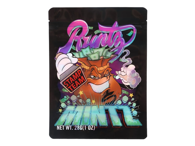 Mylar Bag Colorful packaging of Runtz Mintz with a cartoon character on a black background