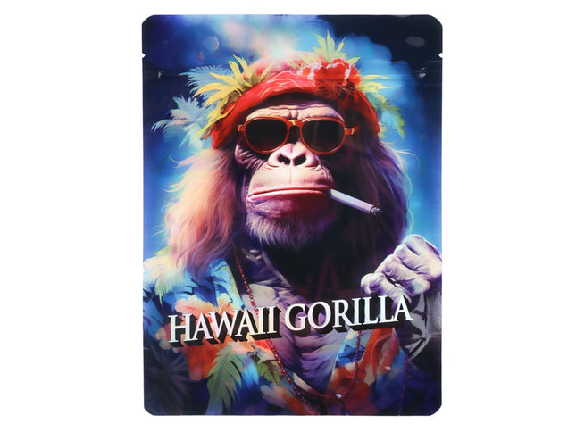 Mylar Bag Colorful graphic of a gorilla wearing sunglasses and a headdress with 'Hawaii Gorilla' text.