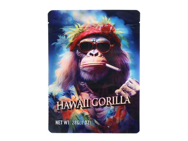 Mylar Bag Packaging of Hawaii Gorilla with a colorful monkey design and text.