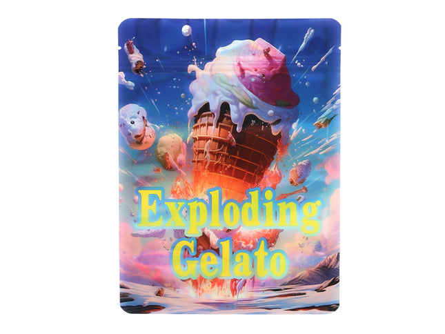 Large mylar bags, herb Mylar Bags, Mylar Bags 28 grams, Where to buy mylar bags, Custom mylar bags near me.  Colorful ice cream cone with 'Exploding Gelato' text against a vibrant background
