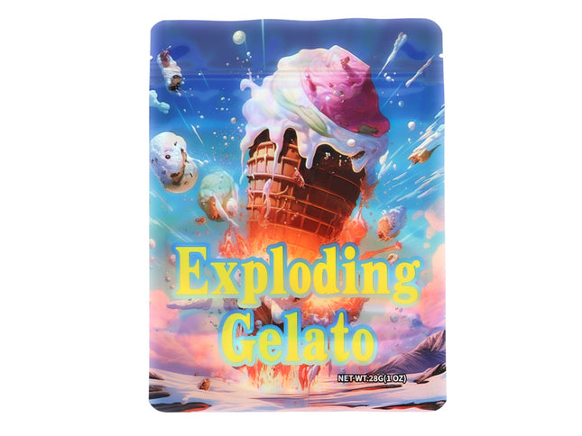 Large mylar bags, herb Mylar Bags, Mylar Bags 28 grams, Where to buy mylar bags, Custom mylar bags near me.  Colorful packaging of 'Exploding Gelato' with ice cream graphics on a white background