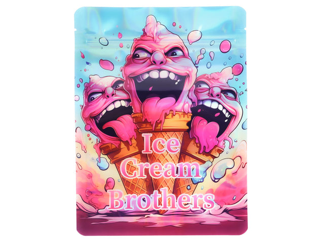 Large mylar bags, herb Mylar Bags, Mylar Bags 28 grams, Where to buy mylar bags, Custom mylar bags near me.  Cartoon ice cream characters with 'Ice Cream Brothers' text on a colorful background