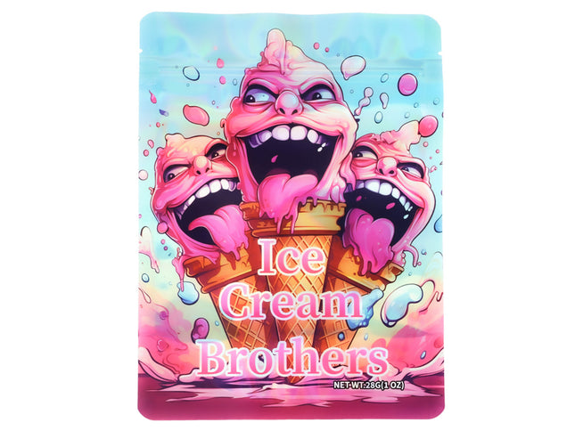 Large mylar bags, herb Mylar Bags, Mylar Bags 28 grams, Where to buy mylar bags, Custom mylar bags near me.  Cartoon ice cream cone with three faces on a colorful background, labeled 'Ice Cream Brothers'.