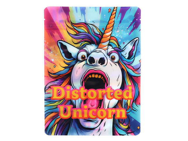 Mylar Bag Colorful unicorn with a distorted expression on a vibrant background, featuring the text 'Distorted Unicorn'.