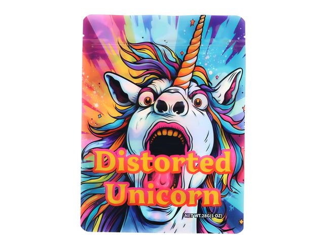 Mylar Bag Colorful packaging with a unicorn design and 'Distorted Unicorn' text on a white background
