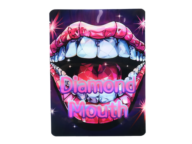 Mylar Bag Illustration of a mouth with diamond-studded teeth and 'Diamond Mouth' text on a dark background