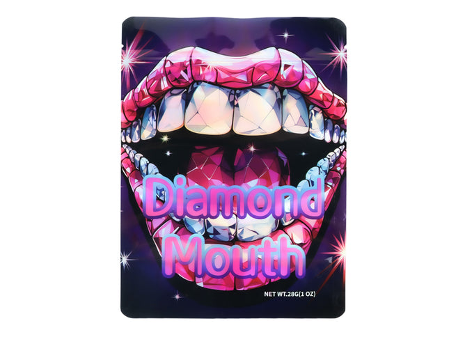 Mylar Bag Product packaging with a design of diamond-studded lips and the text 'Diamond Mouth' on a dark background.