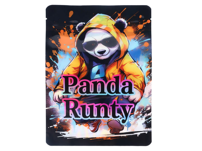 Large mylar bags, herb Mylar Bags, Mylar Bags 28 grams, Where to buy mylar bags, Custom mylar bags near me.  Panda character in a colorful hoodie with 'Panda Runty' text on a dynamic background