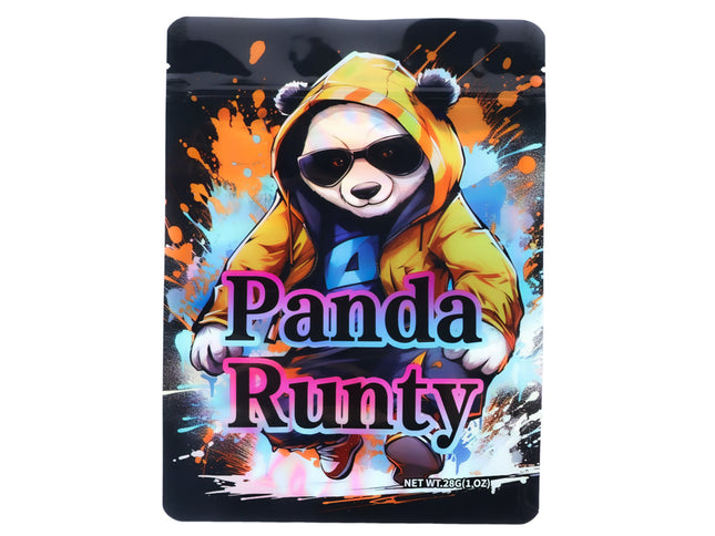 Large mylar bags, herb Mylar Bags, Mylar Bags 28 grams, Where to buy mylar bags, Custom mylar bags near me.  Panda Runty product packaging with colorful design and bear illustration.