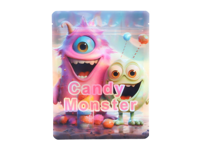Mylar Bag Colorful candy monster packaging with 'Candy Monster' text on a white background