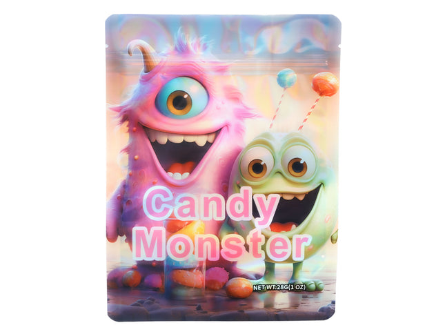 Mylar Bag Candy Monster packaging with two colorful monsters on a pastel background