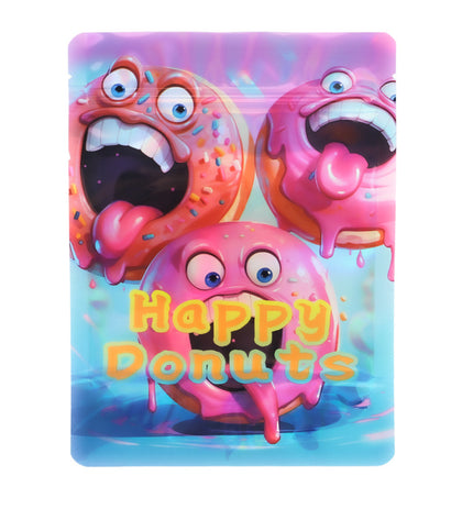 Mylar Bag Cartoon donuts with a 'Happy Donuts' text on a colorful background