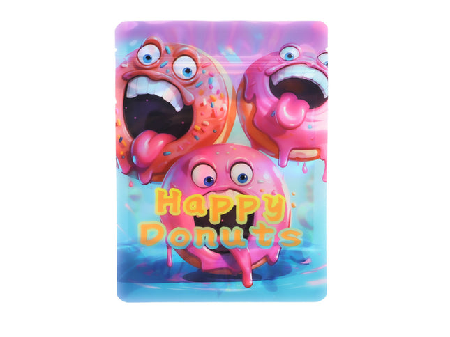 Mylar Bag Cartoon donuts with a 'Happy Donuts' text on a colorful background