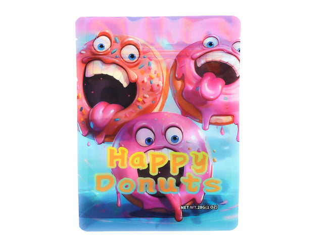 Mylar Bag Colorful packaging of 'Happy Donuts' with cartoonish donut characters on a white background.