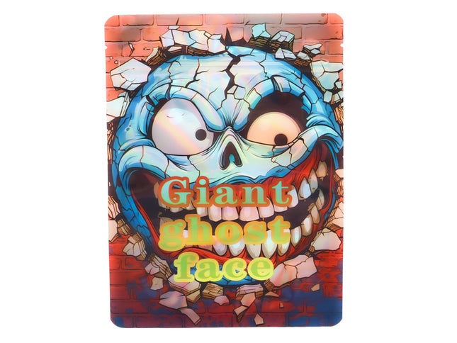 Mylar Bag Colorful illustration of a ghost face with 'Giant ghost face' text on a red background