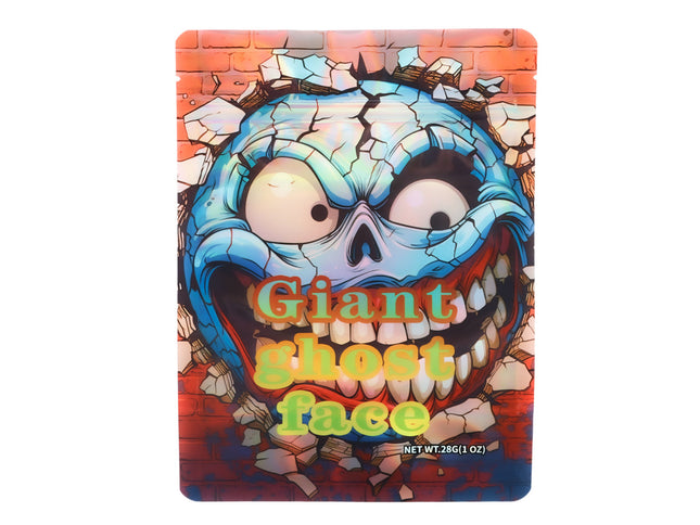 Mylar Bag Colorful packaging with a cartoonish ghost face design and text 'Giant ghost face'.