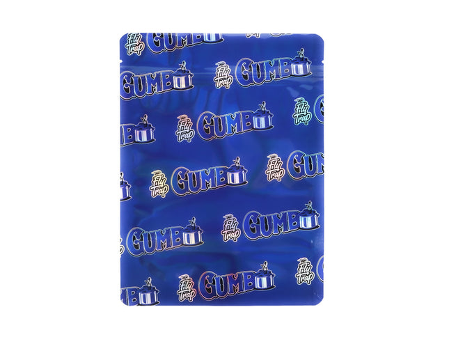 Mylar Bag Blue blanket with 'Gumbo' and 'Fly Trap' logos on a white background