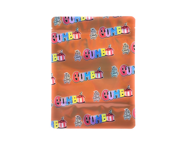 Mylar Bag Frisbee with 'Gumball' branding on an orange background