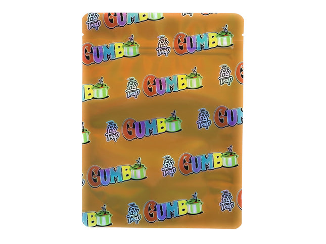 Mylar Bag Packaging with 'Gumbo' and 'Filly Trap' branding on a brown background