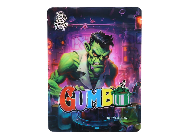 Large mylar bags, herb Mylar Bags, Mylar Bags 28 grams, Where to buy mylar bags, Custom mylar bags near me.  Gumball machine packaging with a green character and colorful design