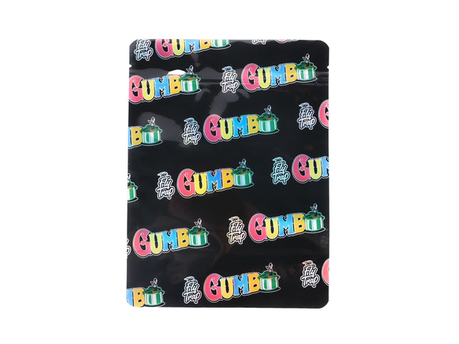 Mylar Bag Black surface with colorful 'Gumbo' text and logo pattern