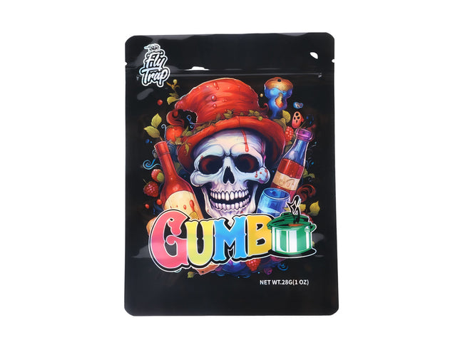 Mylar Bag Gummy candy package with a skull design and colorful text on a black background