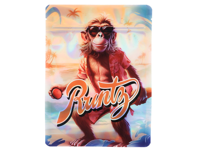 Large mylar bags, herb Mylar Bags, Mylar Bags 28 grams. Cartoon monkey character with sunglasses and 'Runts' logo against a colorful beach background