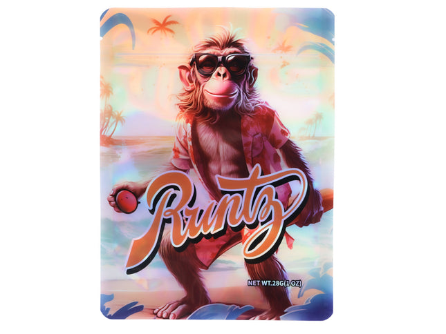 Packaging of a Mylar Bag 28G product featuring a monkey character with sunglasses and the brand name 'Runtz' on a colorful background.