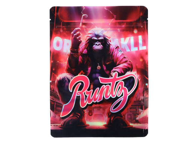 Large mylar bags, herb Mylar Bags, Mylar Bags 28 grams. Gorilla character on a colorful background with 'Runtz' branding