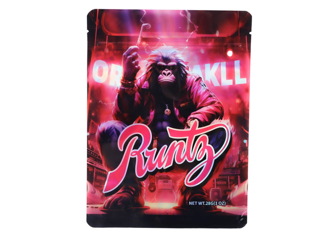 Large mylar bags, herb Mylar Bags, Mylar Bags 28 grams. Drug packaging with a monkey graphic and vibrant colors on a white background