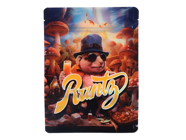 Large mylar bags, herb Mylar Bags, Mylar Bags 28 grams. Product packaging with a cartoon character and 'Runtz' branding in a colorful setting.