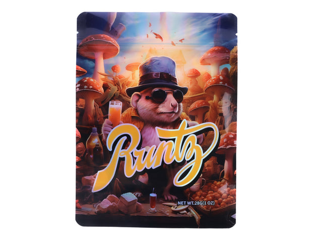 Large mylar bags, herb Mylar Bags, Mylar Bags 28 grams. Runtz herb product packaging with a cartoon character and mushroom-themed background