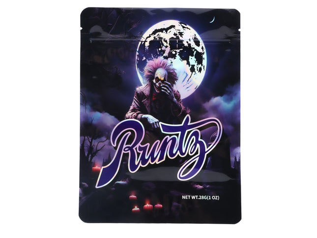 Large mylar bags, herb Mylar Bags, Mylar Bags 28 grams, Where to buy mylar bags, Custom mylar bags near me.  Runtz product packaging with a character and moonlit background
