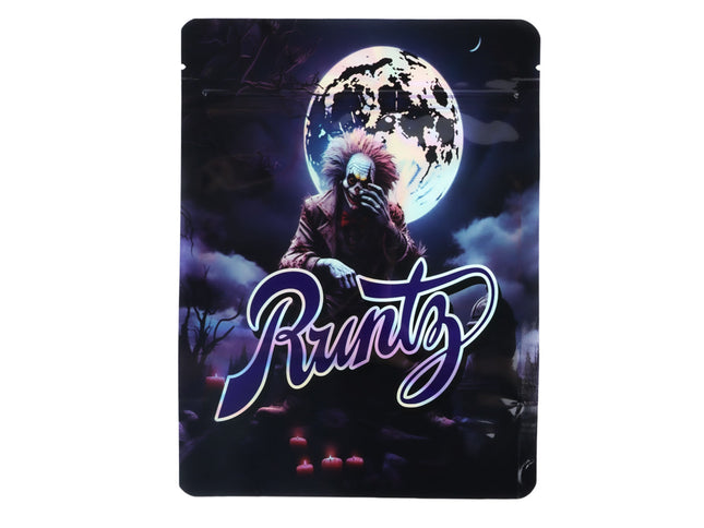Large mylar bags, herb Mylar Bags, Mylar Bags 28 grams. Packaging with a character in a hooded outfit and 'Runtz' branding against a moonlit night sky.