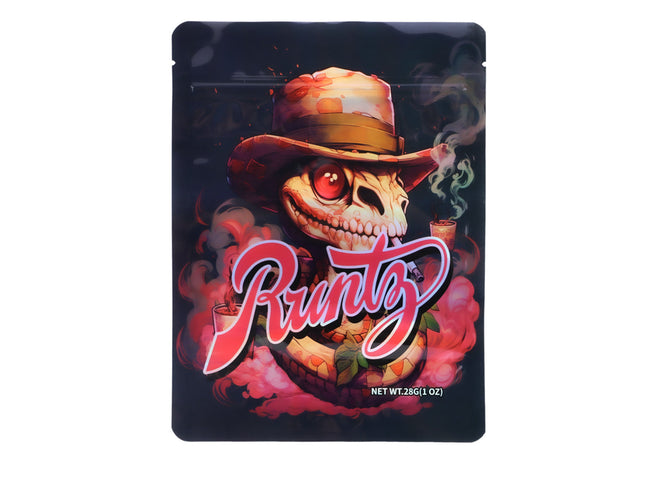 Large mylar bags, herb Mylar Bags, Mylar Bags 28 grams, Where to buy mylar bags, Custom mylar bags near me.  Runtz herb packaging with a skull wearing a hat and smoking a joint on a dark background.