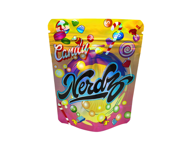 3.5G Mylar Bags, herb Mylar Bags, Where to buy mylar bags, Custom mylar bags near me, Mylar Bags Wholesale. Colorful packaging of Nerdz candy with a variety of candy icons on a white background