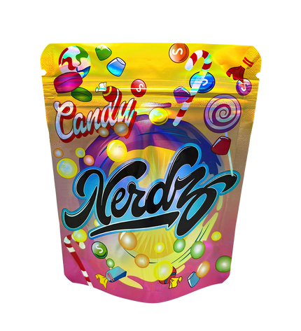 3.5G Mylar Bags, herb Mylar Bags, Where to buy mylar bags, Custom mylar bags near me, Mylar Bags Wholesale. Colorful packaging of Nerdz candy with a variety of candy icons on a white background