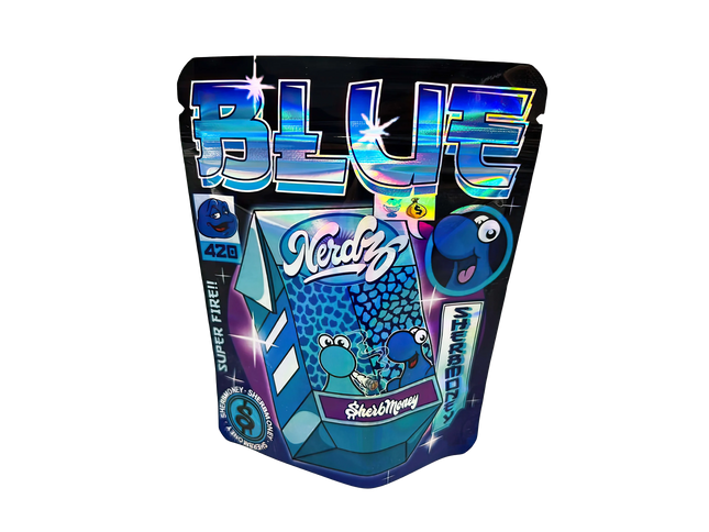 3.5G Mylar Bags, herb Mylar Bags, Where to buy mylar bags, Custom mylar bags near me, Mylar Bags Wholesale. Blue candy package with colorful text and graphics on a white background