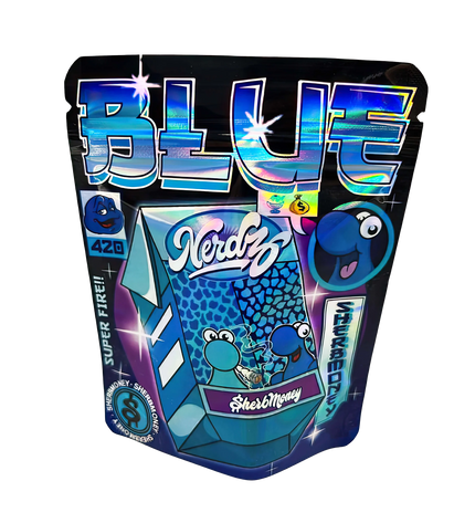 3.5G Mylar Bags, herb Mylar Bags, Where to buy mylar bags, Custom mylar bags near me, Mylar Bags Wholesale. Blue candy package with colorful text and graphics on a white background