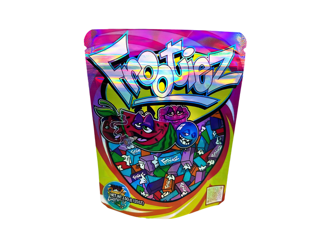 3.5G Mylar Bags, herb Mylar Bags, Where to buy mylar bags, Custom mylar bags near me, Mylar Bags Wholesale. Colorful packaging of Frootie Z candy with cartoon characters on a white background