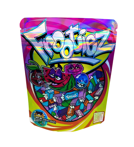 3.5G Mylar Bags, herb Mylar Bags, Where to buy mylar bags, Custom mylar bags near me, Mylar Bags Wholesale. Colorful packaging of Frootie Z candy with cartoon characters on a white background