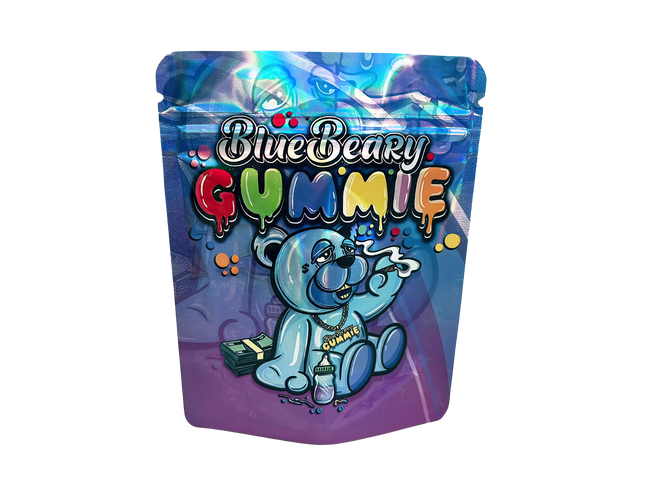 3.5G Mylar Bags, herb Mylar Bags, Where to buy mylar bags, Custom mylar bags near me, Mylar Bags Wholesale. BlueBeary Gummy packaging with a cartoon bear character on a white background