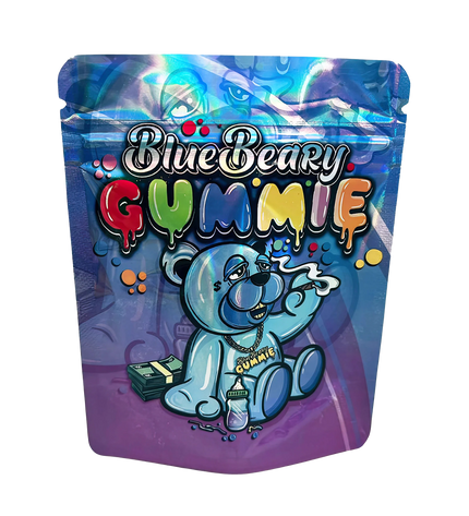 3.5G Mylar Bags, herb Mylar Bags, Where to buy mylar bags, Custom mylar bags near me, Mylar Bags Wholesale. BlueBeary Gummy packaging with a cartoon bear character on a white background