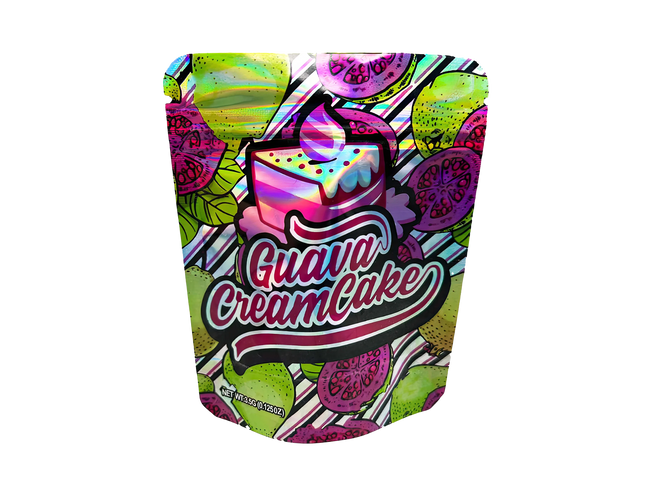 3.5G Mylar Bags, herb Mylar Bags, Where to buy mylar bags, Custom mylar bags near me, Mylar Bags Wholesale. Colorful packaging of Guava Cream Cake with a cake illustration on a white background