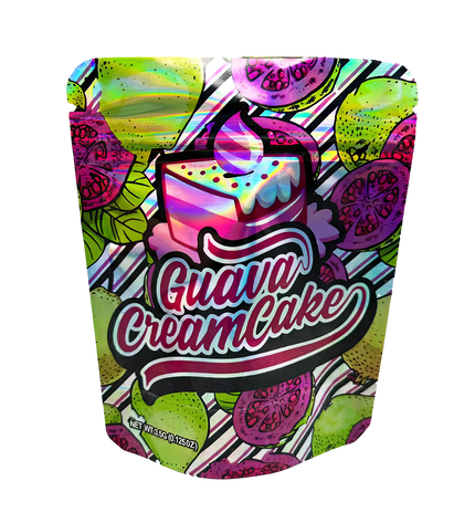 3.5G Mylar Bags, herb Mylar Bags, Where to buy mylar bags, Custom mylar bags near me, Mylar Bags Wholesale. Colorful packaging of Guava Cream Cake with a cake illustration on a white background