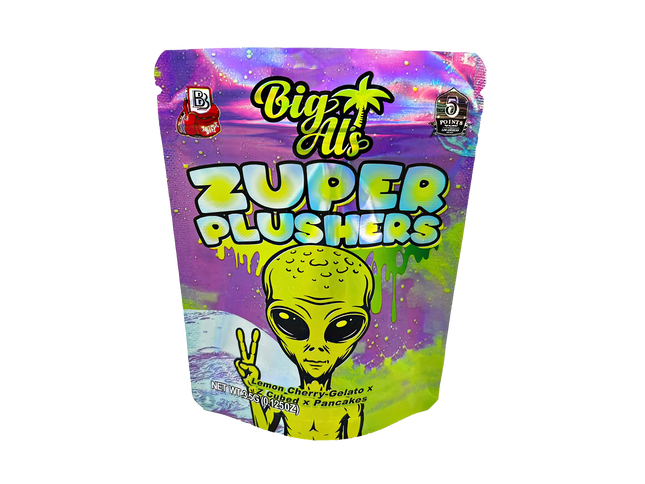 3.5G Mylar Bags, herb Mylar Bags, Where to buy mylar bags, Custom mylar bags near me, Mylar Bags Wholesale. Big Al's Zuper Plushers packaging with alien graphic and colorful design