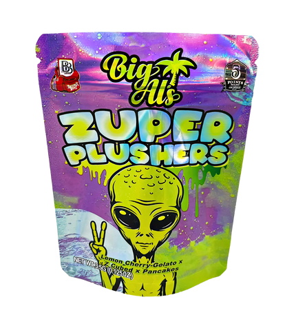 3.5G Mylar Bags, herb Mylar Bags, Where to buy mylar bags, Custom mylar bags near me, Mylar Bags Wholesale. Big Al's Zuper Plushers packaging with alien graphic and colorful design