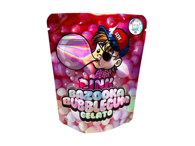 3.5G Mylar Bags, herb Mylar Bags, Where to buy mylar bags, Custom mylar bags near me, Mylar Bags Wholesale. Pink Bazoona Bubblegum Gelato packaging with cartoon character on a white background