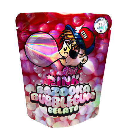 3.5G Mylar Bags, herb Mylar Bags, Where to buy mylar bags, Custom mylar bags near me, Mylar Bags Wholesale. Pink Bazoona Bubblegum Gelato packaging with cartoon character on a white background