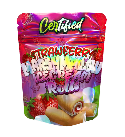 3.5G Mylar Bags, herb Mylar Bags, Where to buy mylar bags, Custom mylar bags near me, Mylar Bags Wholesale. Packaging of strawberry marshmallow ice cream rolls with colorful design and 'Certified' branding.